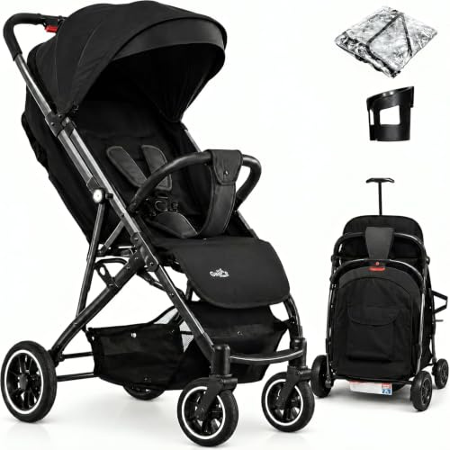 FK Sports Baby Pushchair Stroller Pram from Birth to 3 Years Lightweight Foldable Travel Buggy with 5-Point Harness, Adjustable Seat and Oversized Basket with Cup Holder Smooth Swivel Wheels (Black)
