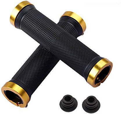 Kework Golden Bike Grips, Bicycle Mountain Bike Double Locking Handlebar Grips, Include 2 Handlebar Caps, Aluminum Alloy Lock Ring