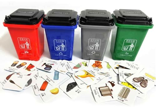 QYEW Montessori Recycling Sorting Game for Kids Ages 3-6 | 4 Mini Bins & 108 Cards | Eco-Friendly Educational Toy with Foldable Poster | Classroom & Home Learning Activity for Toddlers