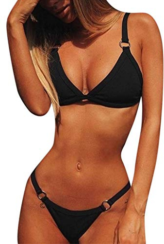CheChury Costumi da Bagno Donna Mare Bikini Due Pezzi Push-up Reggiseno Imbottito Sportivi Bikini Brasiliano Triangolo Sexy Perizoma Soft Spiaggia,Nero,S