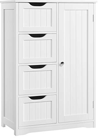 Yaheetech Meuble Salle de Bain, Meuble Rangement avec 4 Tiroirs/1 Porte/Etagère Réglable, Commode de Rangement pour Salon/Cuisine/Chambre/Couloir Blanche