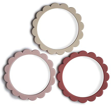 Mushie Silicone Baby Flower Teether Bracelets | 1x Set of 3 Pieces | Easy Grip Soft Teething Toy | Irritated Gum Relief | Material: Food-Grade Silicone (Rose/Blush/Shifting Sand)