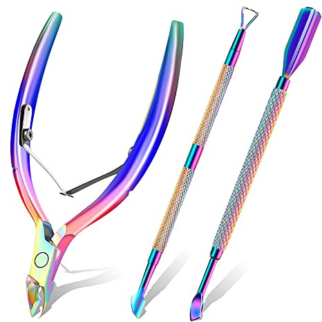 Cuticle Trimmer with Cuticle Pusher and Scissors, Cuticle Remover Professional Durable Pedicure Manicure Tools, Stainless Steel Cuticle Nipper Cutter Clipper for Fingernails and Toenails (Colored)