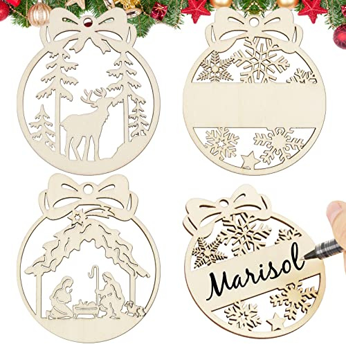 30pz Palline di Natale Legno Ciondoli Albero di Natale Pendente con Corda di Canapa Fai da Te Decorazione Addobbi Legno Natalizi Regalo da Appendere per Casa