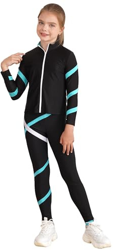 Xnihocha Kinder Sportbekleidung Mädchen Trainingsanzug Eislaufen Set Langarm Sportjacker + Sporthosen Zweiteiliges Laufen Fitness Outfits Blau Grün 122-128