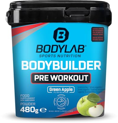 Bodylab24 Bodybuilder Pre Workout Grüner Apfel 480g, mit verschiedenen Aminosäuren (Citrullin, Arginin, Glycin, Tyrosin, Taurin), Koffein und verschiedene Pflanzenextrakte, fruchtig im Geschmack