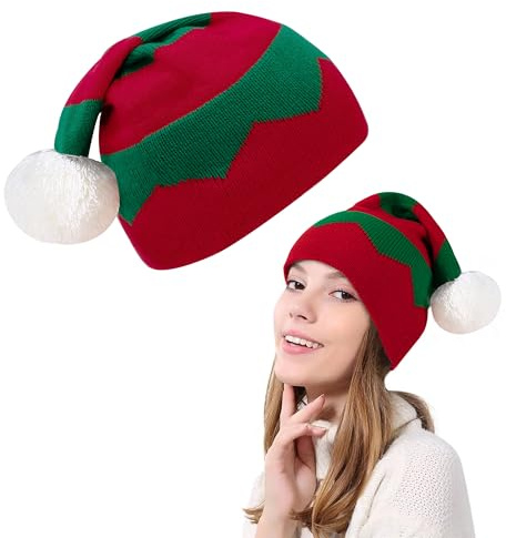 AYMQC Cappello di Natale Cappelli in Maglia Invernale Caldo Berretto Natalizio con Pompon per Adulti Donne Uomini Cappellino da Natale a Strisce Rosse e Verdi Taglia Unica