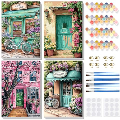 Lxmsja 4 Pack Paisaje Pintar por Numeros Adultos con Marco, DIY Cuadros para Colorear por Números Lienzos, Cafetería Pintura Acrilica Manualidades Adulto Decoracion Hogar Pared 20x30cm
