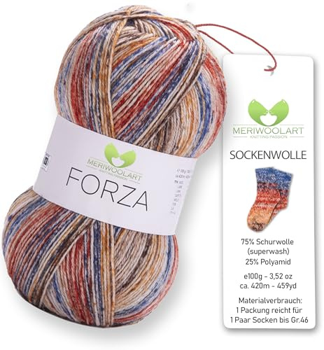 MeriWoolArt® Sockenwolle 4-fädig – 100g Merino Wolle Garn zum Stricken & Häkeln, 75% Schurwolle (superwash), 25% Polyamid, 420m – Ideal für Socken für Herren und Damen, Pullover & Cardigans 2602