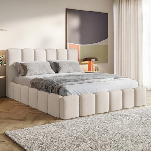 MOTIVENA Nunu Bubble Bett 180x200 Beige Boucle, mit Stauraum, mit Kopfteil, mit Lattenrost, ohne Füße, ohne Matratze, Bubble Polsterbett 180x200 mit Bettkasten Beige