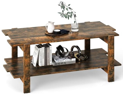 LIFEZEAL Mesa de Centro de 2 Niveles, Mesa de café con almacenaje, Mueble de salón Rectangular, Estilo Industrial, 115x59x46 CM (Marrón)