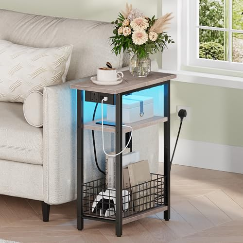HOOBRO Slim Side Table with Charging Station and LED Light, Small Side Table with Storage, Nightstand with USB Port, Narrow Bedside Table for Small Spaces, Living Room, Greige EBG242KDBZ01