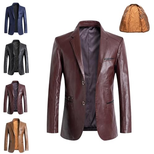 WINDEHAO Blazer da Uomo in Pelle Vera Pelle d'Agnello Casual con Risvolto Vestibilità 2 Bottoni Giacca, Blazer Eleganti da Completo Slim Giacca Elegante da Motociclista Biker, Rosso vinaccia, 5XL