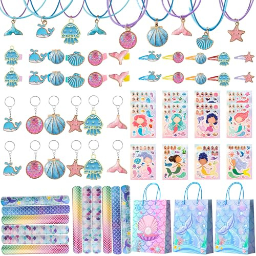 Bambini Sirena Bomboniere Festa, 84pcs Set Sirene Regalo Borsa Portachiavi Adesivi Braccialetti Slap Forcina Gadget Compleanno Bambina