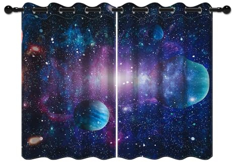 YONGFOTO 107x160cm Espacio Cortinas para Dormitorio de niño Enorme Planeta Punto Brillante Fantasía Galaxia Espacio Cortinas Opacas para Sala de Juego Sala de Teatro Privado, 2 Paneles con Ojal