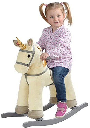 BAKAJI Unicorno a Dondolo Giocattolo per Bambini con Suoni Realistici, Cavallo Cavalcabile con Struttura in Legno e Tessuto, Gioco Prima Infanzia, Idea Regalo, Dimensione 74 x 30 x 64 cm