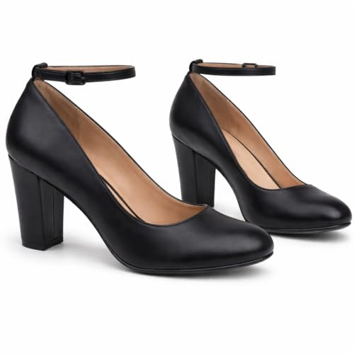 Bismaa Womens Unisex Buckle Ankle Strap Mid Block Heel Shoes Plus Size 9 10 11 12 (Black Matte, Numeric_5