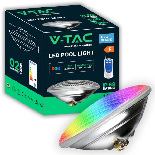 V-TAC Lámpara LED para Piscina Multicolor RGB 12W - CON MANDO A DISTANCIA - PAR56 - Lámpara de Vidrio Antigolpes IP68 para Iluminación de Piscinas y Fuentes - 1260 Lúmenes - Luz de Colores