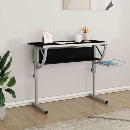 Mangloder Bureau d'artisanat Noir et Gris 110x53x(58-87) cm avec étagère, Cadre en Acier Robuste, Surface réglable en Angle, idéal pour Poste de Travail, Ordinateur Portable, étude
