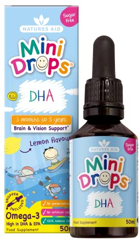 Natures Aid DHA Omega-3 Mini Drops for Babies & Kids 50ml – Supports Brain & Vision Health – Sugar-Free, Vegan, Gluten-Free, Non-GMO – Growth Support for Children Age 0-5 Years Old Dropper Included