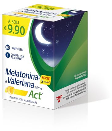 Melatonina Act + Forte 5 Complex, Integratore Alimentare Potenziato dal + 5 Complex a Base di Melatonina e e Valeriana 45mg, 1 Confezione da 60 Compresse