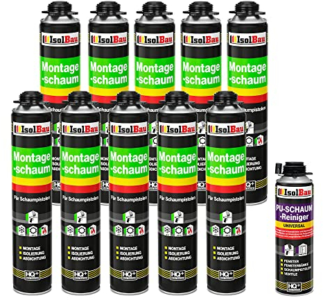 Isolbau Bauschaum-Set - Inkl. 10 x 1K Montageschaum B2 Pistolenschaum mit hervorragender Schall und Wärmedämmung (je 750 ml) & 1 x PU-Schaum-Reiniger (500 ml), Dämmen