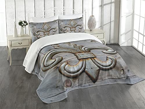 ABAKUHAUS Fleur De Lis Tagesdecke Set, Alte Zeichen Holz, Set mit Kissenbezügen Feste Farben, für Doppelbetten 220 x 220 cm, Grauen braunen