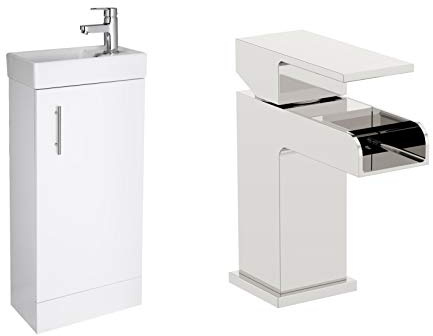 VeeBath Sheen High Gloss White 400mm Compact Cloakroom Vanity Unit with Waterfall Designer Chrome Basin Mixer Tap + Waste (Assembled)