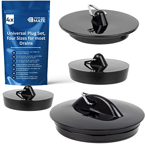 Universal Stöpsel Set, 4 Pack mit Allen Größen, in Schwarz, PVC Ablauf Stopfen für 1 1/2 - 1 3/4 - 2 Zoll Ventiloberteile, Abflussstöpsel Waschbecken, Waschbeckenstöpsel, Badewannenstöpsel Haushalt