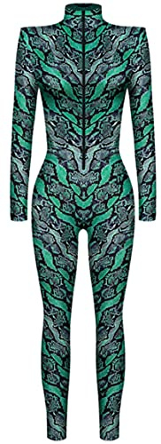 Ocean Plus Mono de Mujer de Halloween Esqueleto con Impresión Digital Corte Estrecho de Manga Larga de Una Pieza con Hombrera (L, Patrón de serpiente verde oscuro)