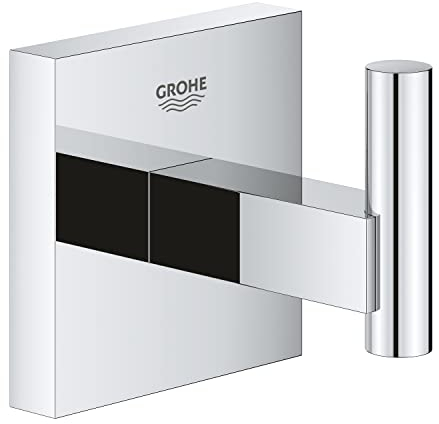 GROHE Start Cube, Bademantelhaken ohne Bohren (Handtuchhalter mit verdeckter Befestigung, zum Kleben oder Bohren, mit Schrauben und Dübel, ohne Kleber), eckig, chrom, 40961000