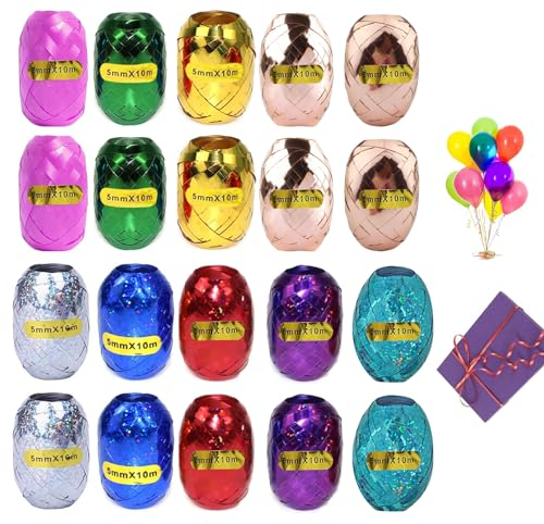 EKSMA 20 Rollen Geschenkband, Ringelband in Bunten Farben, Geschenkband Kräuselband Ringelband Set, 10 m je Rolle Ringelband in Bunten Farben, Luftballon Party Deko