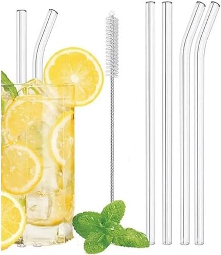 Pack of 4 Eco Friendly Reusable Glass Straws for Smoothie Cocktail Milkshake Cold Drinks (2 Straight 2 Bent and Cleaning Brush)