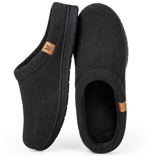 VeraCosy Herren Cord Mokassin Hausschuhe Memory Foam Winter Pantoffeln Mattschwarz, 46-47 EU
