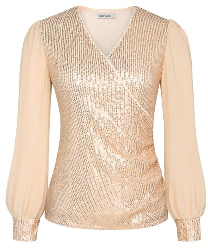 GRACE KARIN Women’s Sequin Top Long Lantern Sleeve V-Neck Wrap Sparkly Party Blouse for Evening