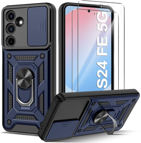 Guisessy Coque Compatible avec Samsung Galaxy S24 FE 5G avec 2 Verre Trempé, Lentille Coulissante Couverture, Support 360° Rotatif Militaire PC Dur Renforcée Armor Antichoc Bumper Housse Etui - Bleu