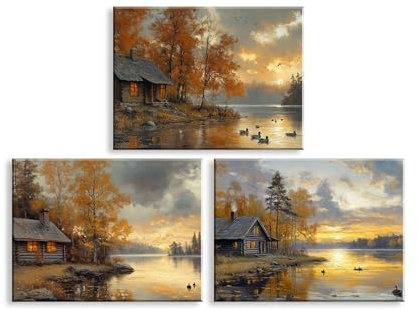 PIY PAINTING Autunno Quadro Su Tela Village, Lago stampe da parete Stampe Su Tela Per Soggiorno Ufficio Bagno Ingresso e Corridoio, Cornice Interna, Set Di 3, 30x40 cm/90x40 cm