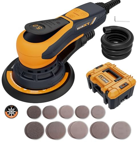 Lijadora orbital aleatoria MAXXT 5,0mm sin escobillas Lijadora eléctrica 350W | 6 velocidades ajustables (4000-10000 rpm) | Plato lijador 150 y 125 mm | Incl. caja práctica, 20 hojas de lija | Frenado