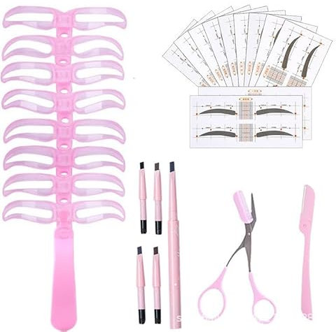 SHUOHONG Augenbrauen Schablone Set, Augenbrauenschablonen Damen, Anfänger Augenbrauen Set, Wiederverwendbar Eyebrow Grooming Kit, Makeup Werkzeug für Frauen, mit Augenbrauenschere, Eyebrow Pencil