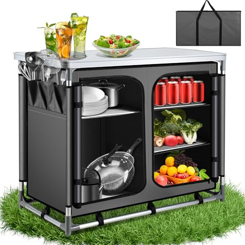 Ollewiellan Campingküche mit Tragetasche Campingschrank Robuster Faltschrank Küchenbox Klappschrank,Verstellbare Füße,45 cm Groß Stauraum, Outdoor Camping Küche für Camping,Grillen,Picknick