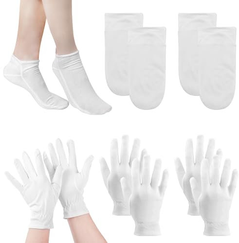 Ensemble de Gants Hydratants et de Chaussette Hydratante, Réutilisables 2 paires de Gants en Coton Blanc et 2 paires de Chaussettes Hydratantes en Coton pour Femme Eczéma soins de la Peau des Mains