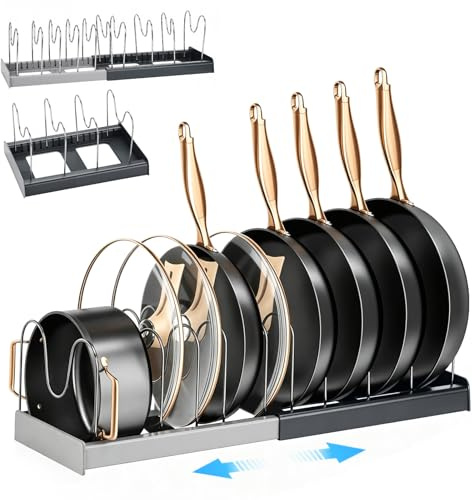 nutmanel Porta Coperchi Pentole, Organizer Padelle, con 10 Scomparti Regolabili, Stendibile, Allungabile, Antiscivolo, ABS + Acciaio Inossidabile Spesso, per utensili da Cucina, Pentole, Coperchi