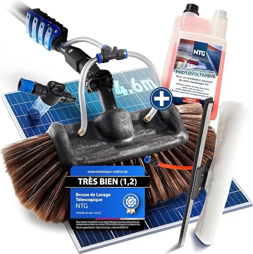 NTG Cepillo de lavado telescópico de 4,6 m, 3 en 1, incluye detergente, cabezal de cepillo con cerdas extrasuaves, paño de microfibra y extractor + conexión de agua, set de limpieza de plantas