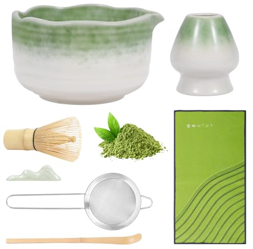 Set Di Matcha per Cerimonia Giapponese, et da 7 Pezzi Set con Ciotola, Cucchiaio e Setaccio, Supporto per Frustino e Supporto per Spatola in Ceramica, Regalo per Gli Amanti del Matcha