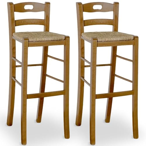 OKAFFAREFATTO MADDALONI Set 2 sgabelli alti da bar in legno noce chiaro h 80 cm con presina nello schianale e seduta in paglia