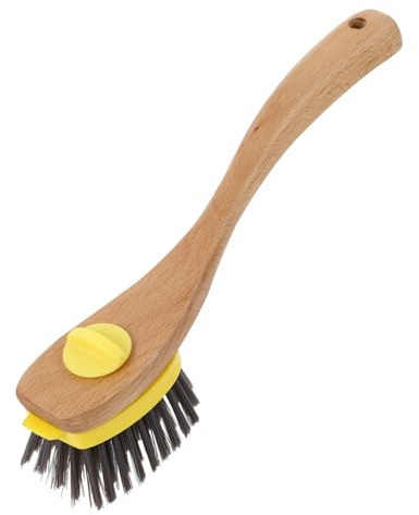 Amosfun Wood Long Handle Kitchen Cleaning Brush Dense Bristles Non-Scratch Wok Pot Scrubber Multipurpose Oil-Resistant Brush for Home Restaurant Use