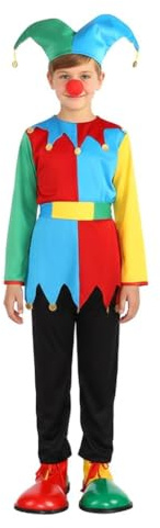 Lito Angels Costume Arlecchino Colorato con Cappello Cintura e Naso Rosso per Bambini Ragazzi Ragazze Carnevale Halloween Festa in Maschera Teatro Festa di Compleanno 9–10 Anni Taglia 140