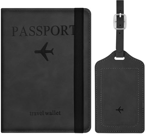 APXEL Protege Passeport en Cuir PU, 2 Pcs Étui Passeport avec Etiquette Valise, Porte-Passeport Housse avec Blindage RFID, Hommes et Femmes pour Carte de Crédit et Carte D'identité, Noir