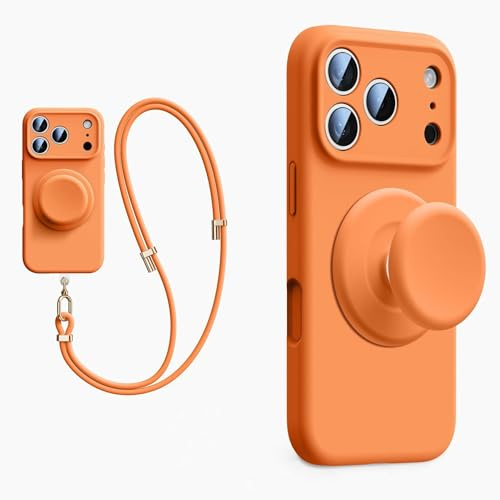 XZC Funda de silicona líquida para iPhone 17 Pro Max, con soporte emergente, cordón cruzado, compatible con MagSafe, protección completa de la cámara, (naranja, iPhone 15 Pro Max)
