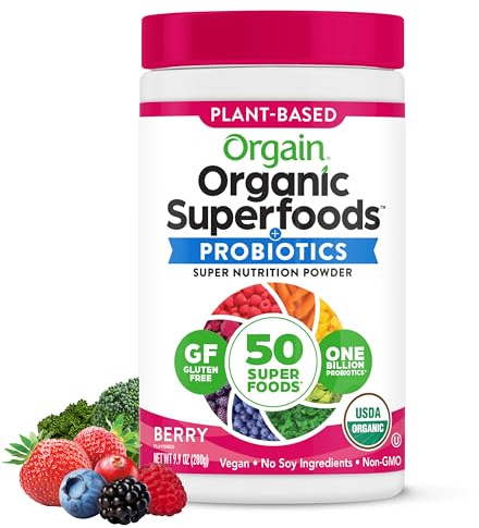 Orgain Organic Greens Powder + 50 Superfoods, Berry - 1 Billion Probiotics for Digestive Health, Antioxidants, Vegan, Plant-Based, Gluten-Free, Non-GMO, Green Juice & Smoothie Drink Mix - 0.62lb